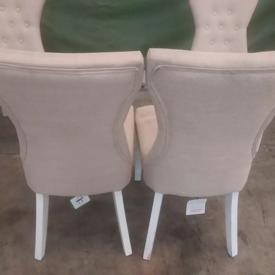 SET OF 4 BEWLEY OATMEAL FABRIC BUTTON BACK DINING CHAIRS (WHITE LEG)