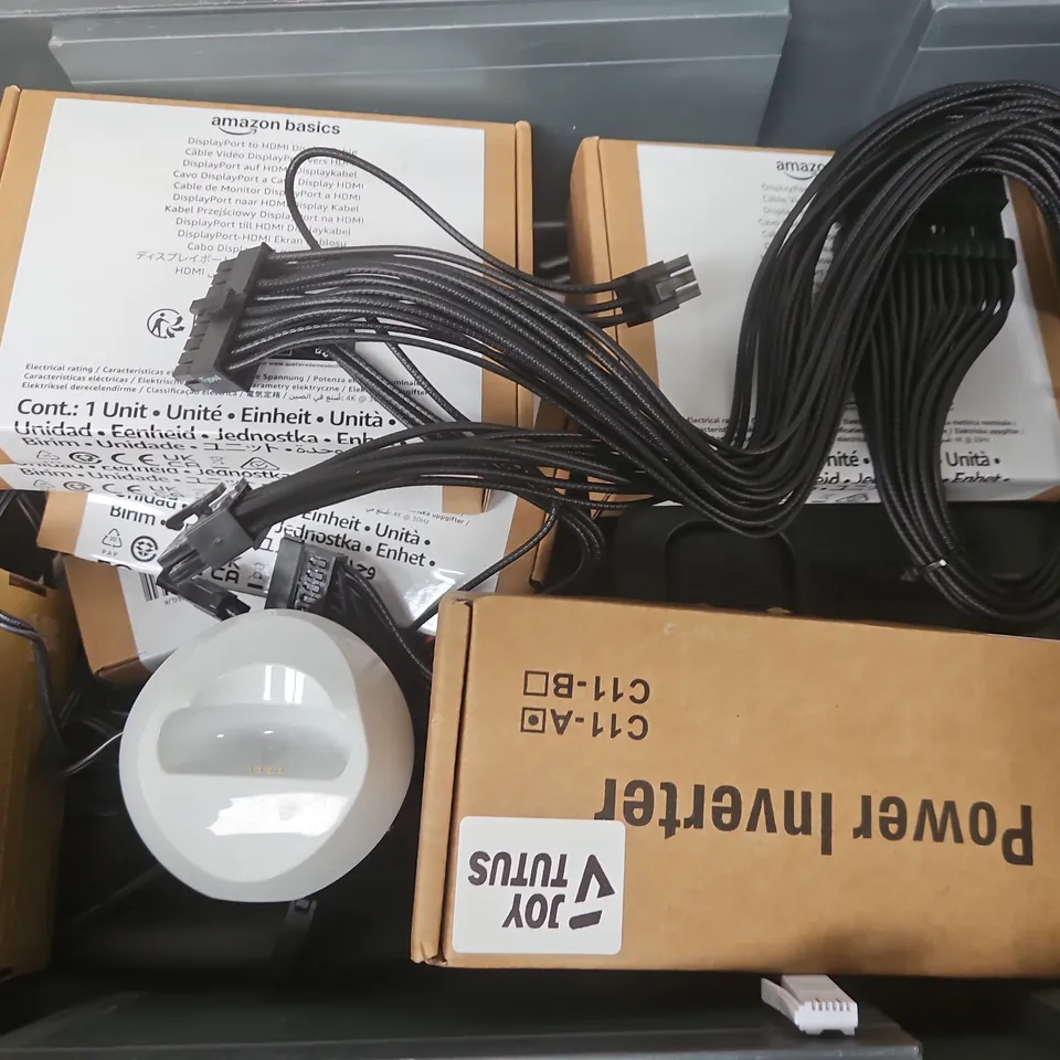 APPROXIMATELY 12 ASSORTED HOUSEHOLD ITEMS TO INCLUDE POWER INVERTER, HDMI CABLES, SKY BOXES, ETC