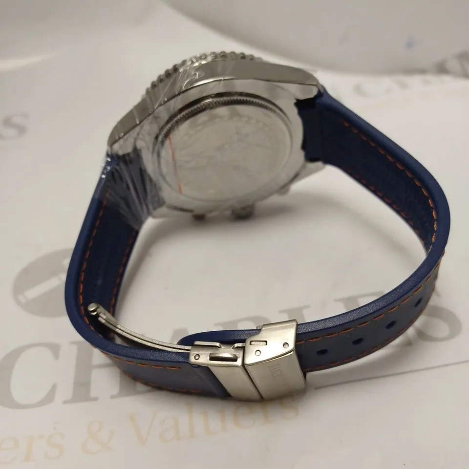 MEN’S RUCKSTUHL CHRONOGRAPH R400 WATCH – SILVER COLOUR CASE – SILVER DIAL – 3ATM WATER RESISTANT – BLUE RUBBER STRAP 