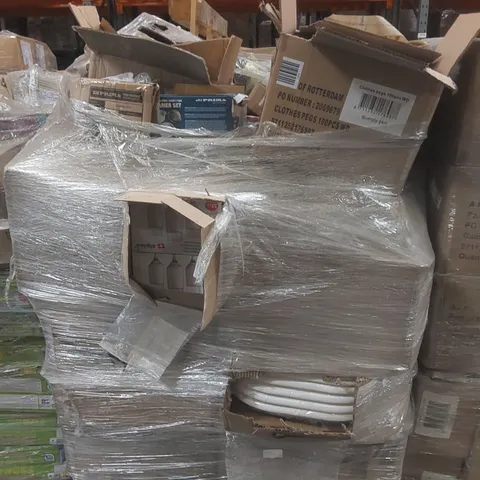 PALLET TO CONTAINING A VERY LARGE QUANTITY OF ASSORTED ITEMS INCLUDING: CHAMPAGNE GLASSES, CLOTHES PEGS, STEAMER SET, CALCULATORS ECT