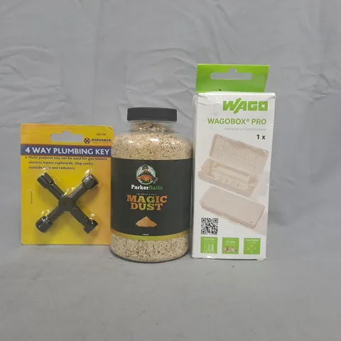 APPROXIMATELY 10 ASSORTED HOUSEHOLD ITEMS TO INCLUDE MAGIC DUST, 4-WAY PLUMBING KEY, ETC