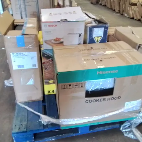 PALLET OF ELECTRICAL PRODUCTS TO INCLUDE;BOSCH SYLINE 2 SLICE TOASTER,DELONGHI OIL FILLED RADIATOR,KARCHER HIGH PRESSURE WASHER,CERAMIC HEATER,HISENSE COOKER HOOD 