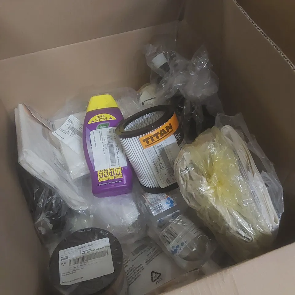 LARGE BOX TO CONTAIN A LARGE QUANTITY OF DIY PRODUCTS AND GOODS; INCLUDES TITAN FILLER BAGS, TITAN CARTRIDGE FILTERS, CLEANING PRODUCTS ETC