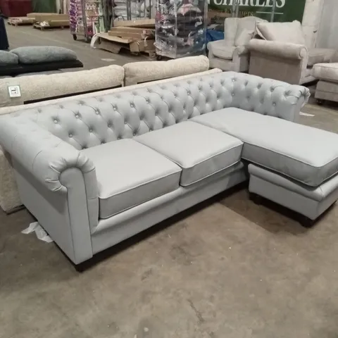 HAMPTON CHESTERFIELD L-SHAPE CORNER SOFA, LIGHT GREY PREMIUM FAUX LEATHER