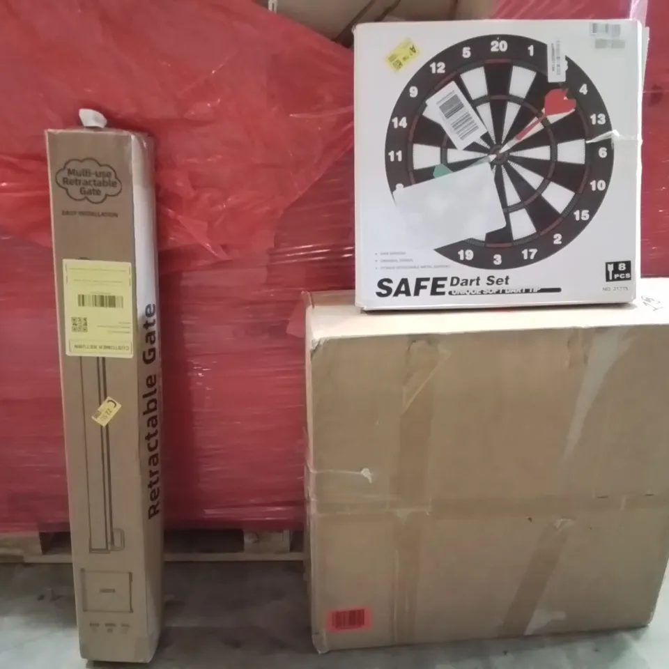 PALLET OF ASSORTED HOUSEHOLD GOODS AND PRODUCTS TO INCLUDE;SOFT TIP DARTBOARD,CEILING LIGHT WITH FAN,RETRACTABLE GATE