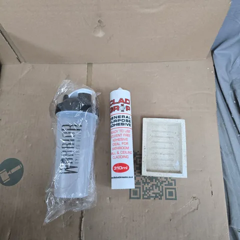 APPROXIMATELY 15 ASSORTED HOUSEHOLD PRODUCTS TO INCLUDE GENERAL PURPOSE ADHESIVE, SOAP HOLDER, WARRIOR PROTEIN SHAKER ETC 