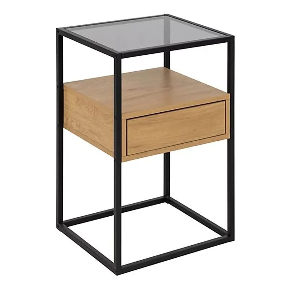BOXED RANDOLF SQUARE BEDSIDE TABLE WITH 1 DRAWER IN BLACK AND OAK