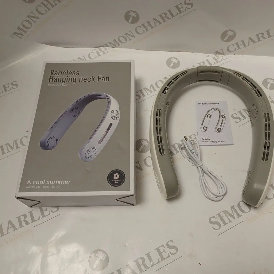 BOXED 'SUMMER WIND' VANELESS HANGING NECK FAN - MODEL A306 - WITH USB CHARGING CABLE AND INSTRUCTIONS