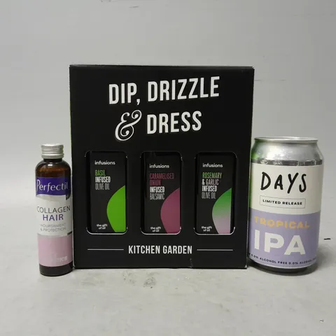 TOTE OF APPROXIMATELY 12 ASSORTED FOOD ITEMS TO INCLUDE - DIP DRIZZLE DRESS , DAYS TROPICAL IPA , PERFECTIL COLLAGEN HAIR