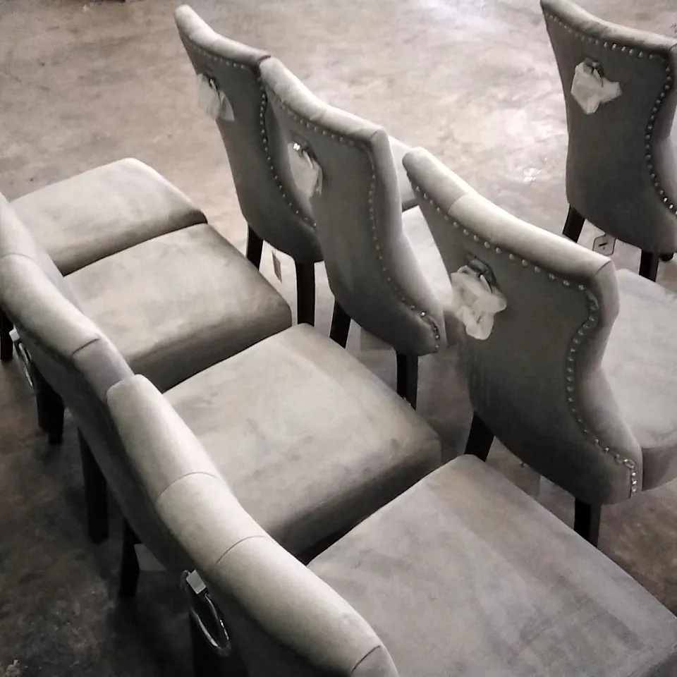 8 LIGHT GREY PLUSH VELVET BUTTONBACK DINING CHAIRS WITH KNOCKER BACKS AND WOODEN LEGS