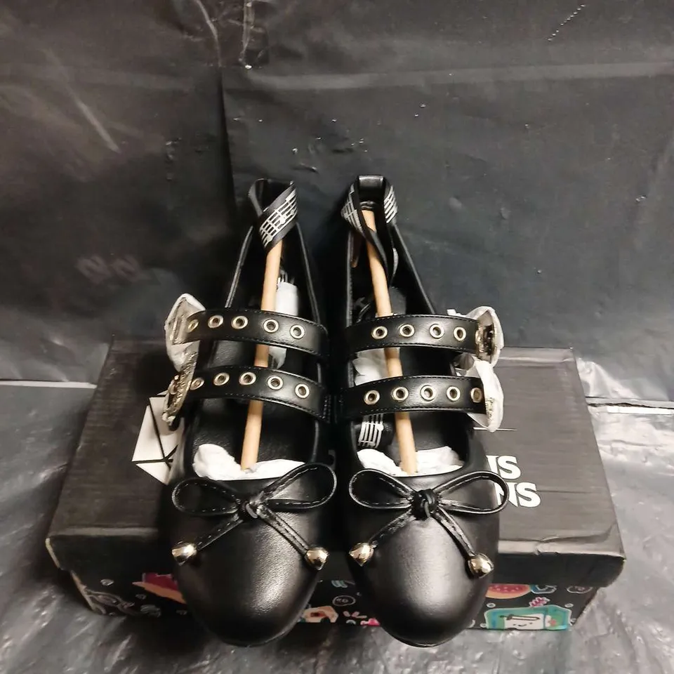 BOXED PAIR OF KOI BLACK LEATHER WOMEN'S BUCKLE-STRAP HEELS WITH METAL STUDS – UK SIZE 3