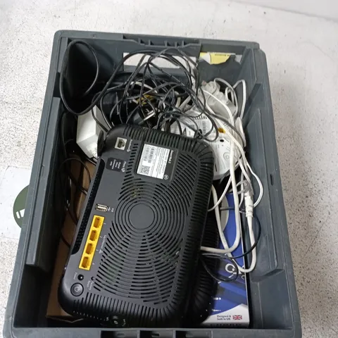 BOX CONTAINING A MIX OF APPROXIMATELY 10 ASSORTED ITEMS INCLUDING ROUTERS, CABLES ETC. 
