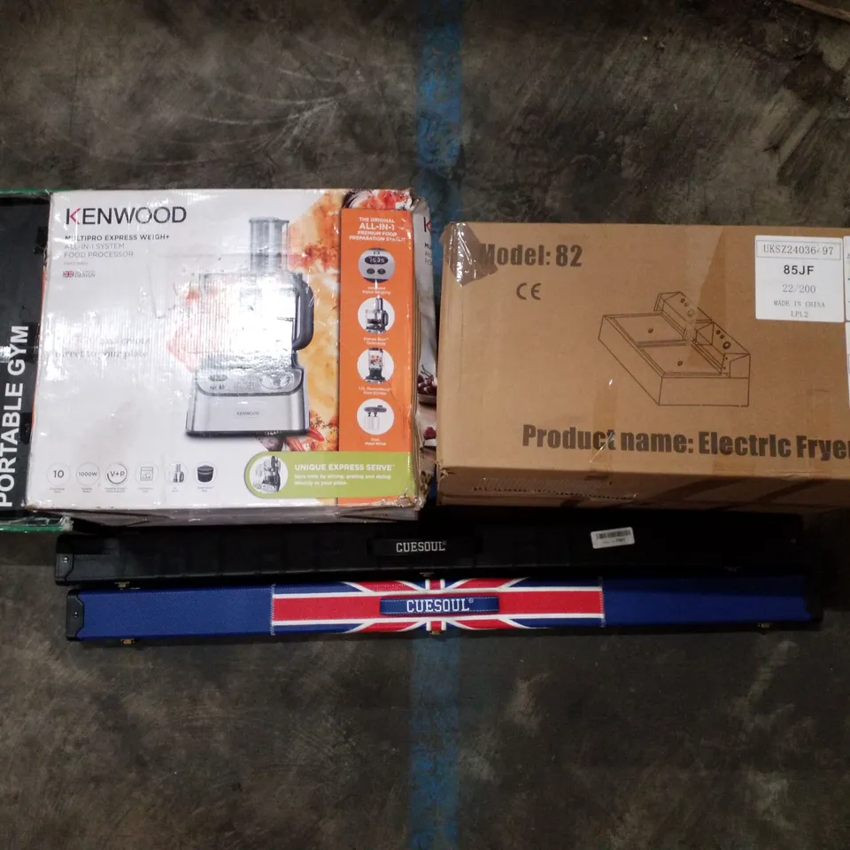 PALLET OF ASSORTED PRODUCTS INCLUDING ELECTRIC FRYER, CUE CASES, FOOD PROCESSOR, ALL IN ONE GYM