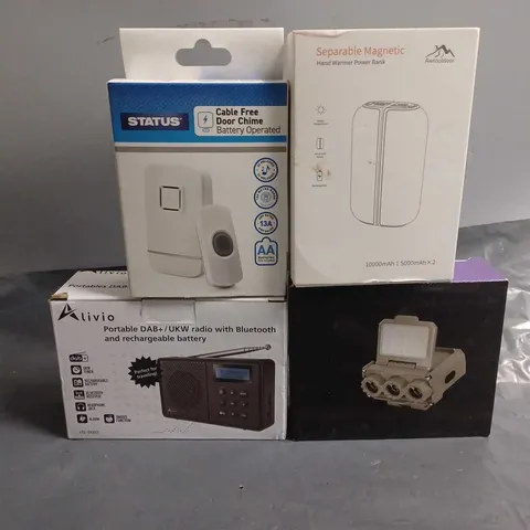 APPROXIMATELY 9 ASSORTED ITEMS TO INCLUDE - LIVIO RADIO , DOOR CHIME , HAND WARMER POWER BANK ETC