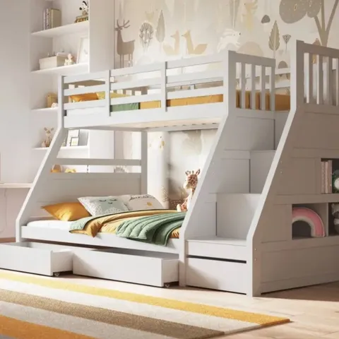BOXED FLAIR LUNAR TRIPLE STAIRCASE BUNK BED WITH STORAGE//SINGLE - WHITE (4 BOXES)