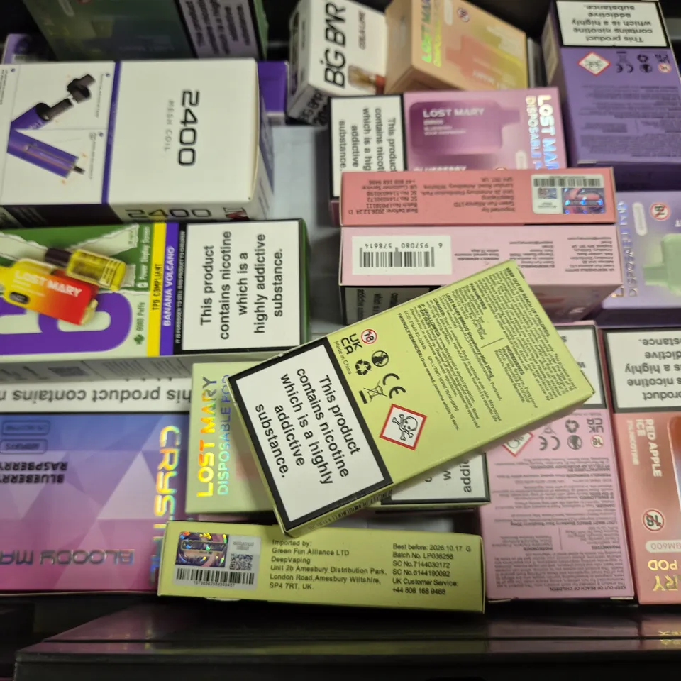 APPROXIMATELY 20 ASSORTED E-CIGARETTE PRODUCTS TO INCLUDE - IVG 2400 , LOST MARY ETC