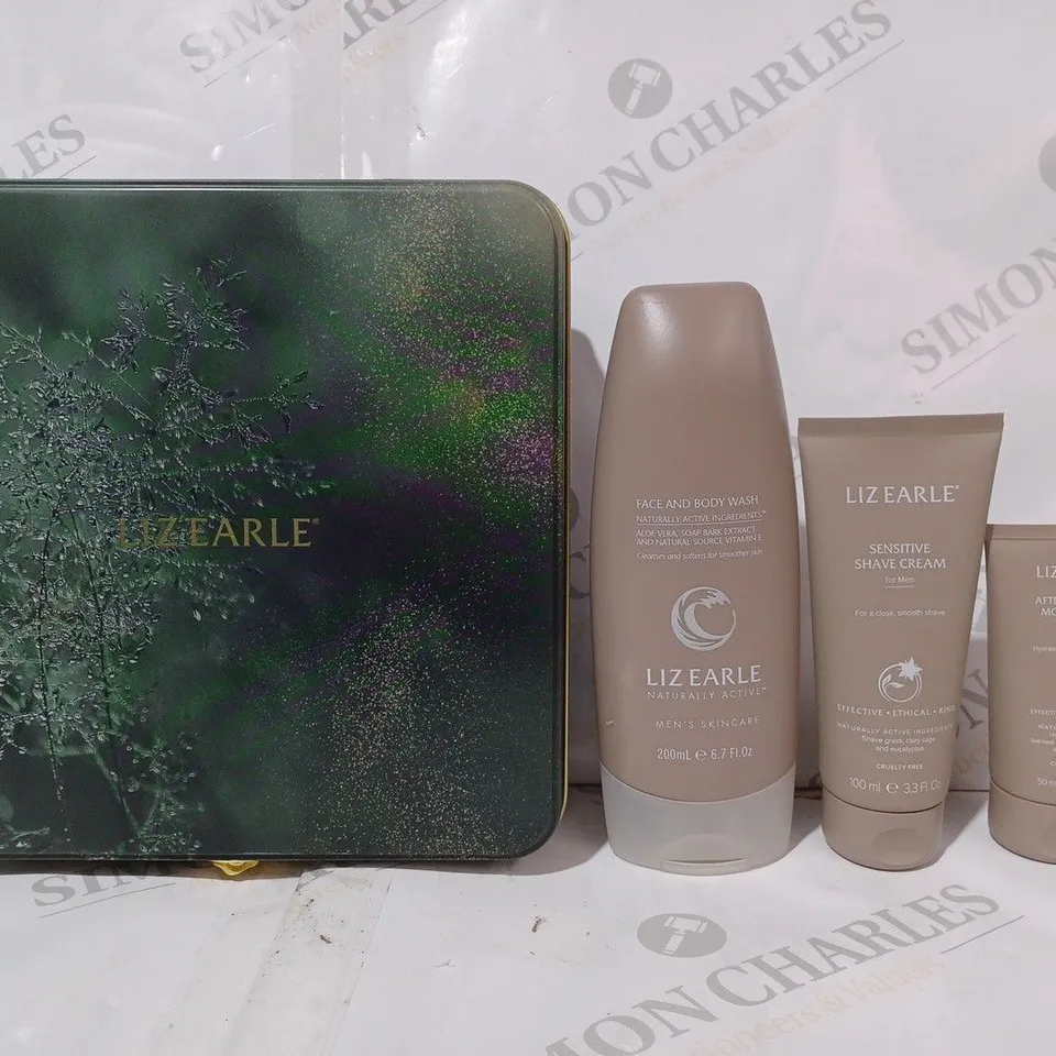 BOXED LIZ EARLE BODY WASH, SHAVE CREAM, AND MOISTURISER SET W. TIN