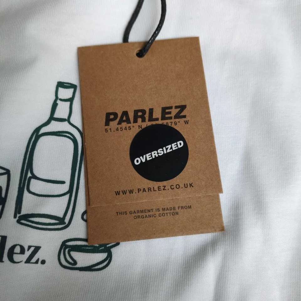 PARLEZ OVERSIZED WHITE ORGANIC COTTON T‑SHIRT – LOGO BOTTLE GRAPHIC, SIZE M