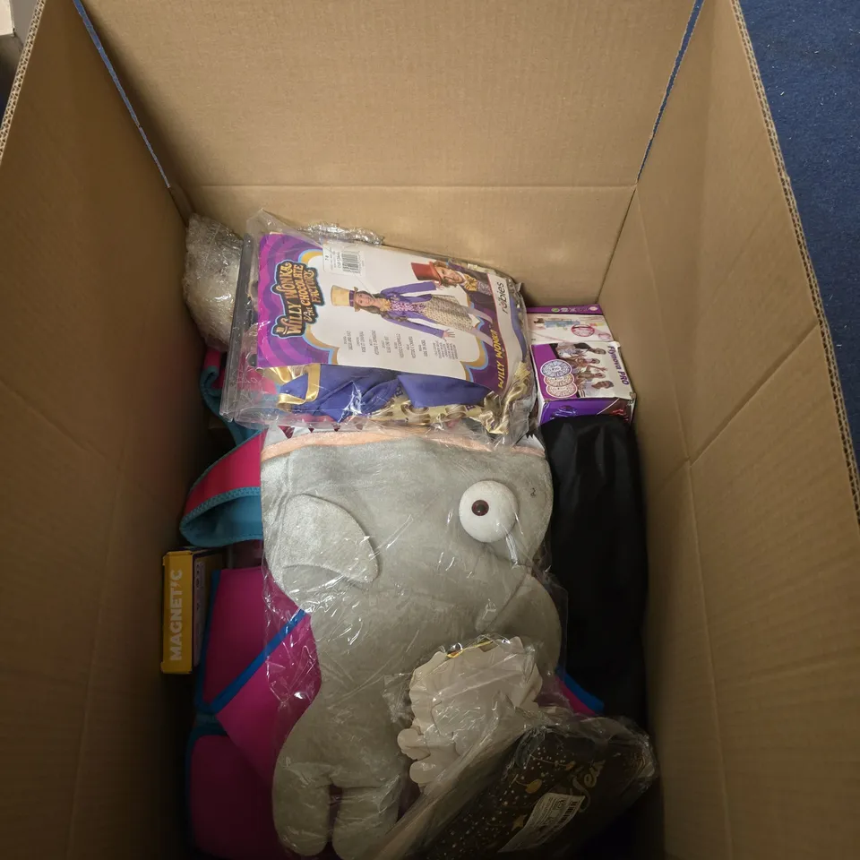 BOX OF APPROXIMATELY 20 ASSORTED TOYS AND GAMES INCLUDING STARFACE CALENDAR , DINOSOSAUR TRAIN AND FLYING MODEL AIRPLANE 