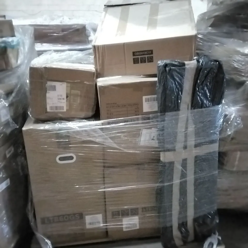 PALLET OF ASSORTED PRODUCTS AND HOUSEHOLD GOODS TO INCLUDE;OFFICE CHAIR,TRASH CAN,CORNER BRACKET