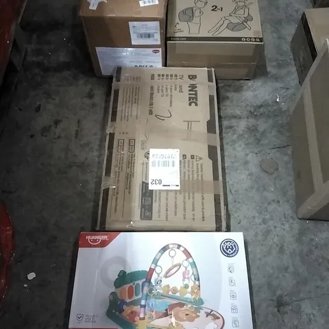 PALLET OF HOUSEHOLD ITEMS TO INCLUDE BABY PIANO FITNESS RACK, TV STAND, BABY WALKER, TRUNKI BOOSTAPAK AND OTHER ASSORTED ITEMS...
