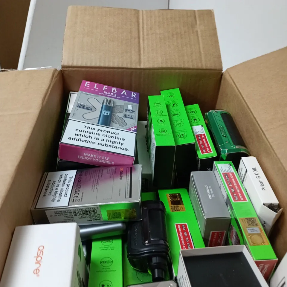 BOX OF APPROXIMATELY 30 ASSORTED ECIGS INCLUDING VAPORESSO AND ELFBAR