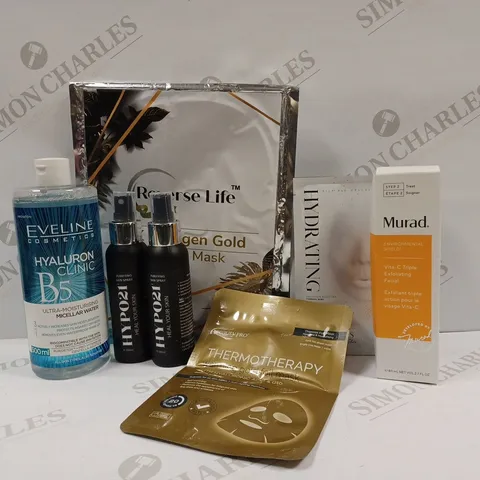 APPROXIMATELY 10 ASSORTED BEAUTY PRODUCTS TO INCLUDE MURAD EXFOLIATING FACIAL, YPO21 PURIFYING SKIN SPRAY, EVELINE HYALURON CLINIC B5 MICELLAR WATER, REVERSE LIFE COLLAGEN FACE MASK ETC.