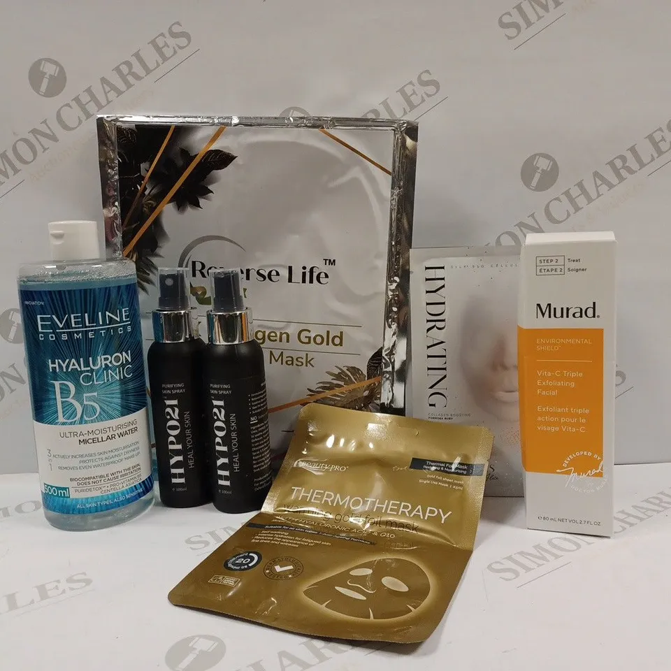 APPROXIMATELY 10 ASSORTED BEAUTY PRODUCTS TO INCLUDE MURAD EXFOLIATING FACIAL, YPO21 PURIFYING SKIN SPRAY, EVELINE HYALURON CLINIC B5 MICELLAR WATER, REVERSE LIFE COLLAGEN FACE MASK ETC. 