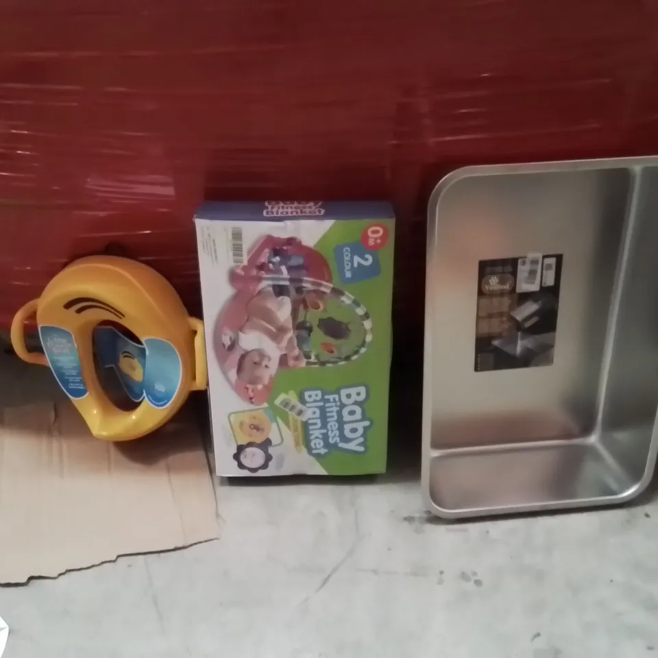 PALLET OF ASSORTED HOUSEHOLD GOODS AND PRODUCTS TO INCLUDE;CAT LITTER TRAY,BABY FITNESS BLANKET,TODDLER POTTY TRAINER 