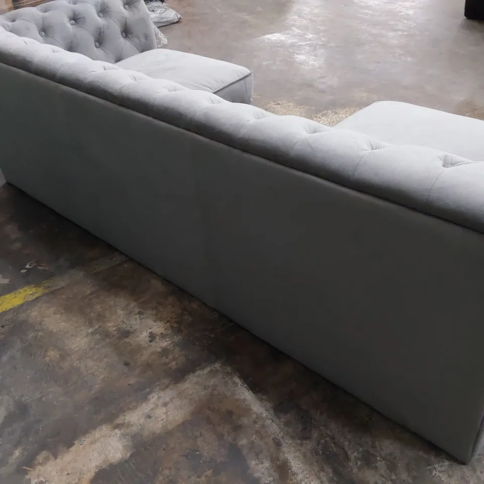 DESIGNER THREE SEATER CHESTERFIELD SOFA GREY PLUSH FABRIC 
