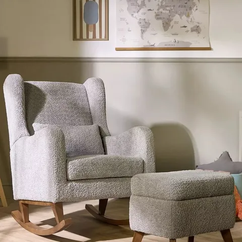 BOXED TUTTI BAMBINI HARPER WINGBACK ROCKING CHAIR & FOOT STOOL - TEDDY CLOUD GREY (1 BOX)