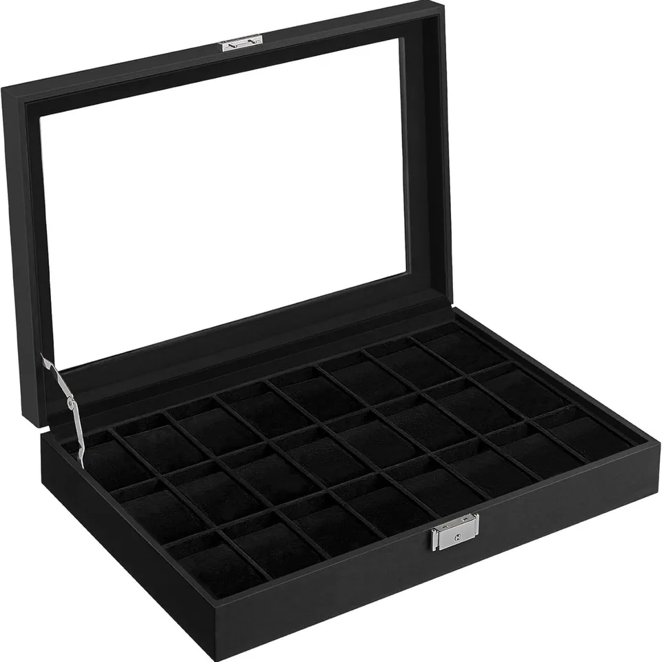 BOXED SONGMICS LOCKABLE WATCH STORAGE BOX WITH 24 SLOTS GLASS LID