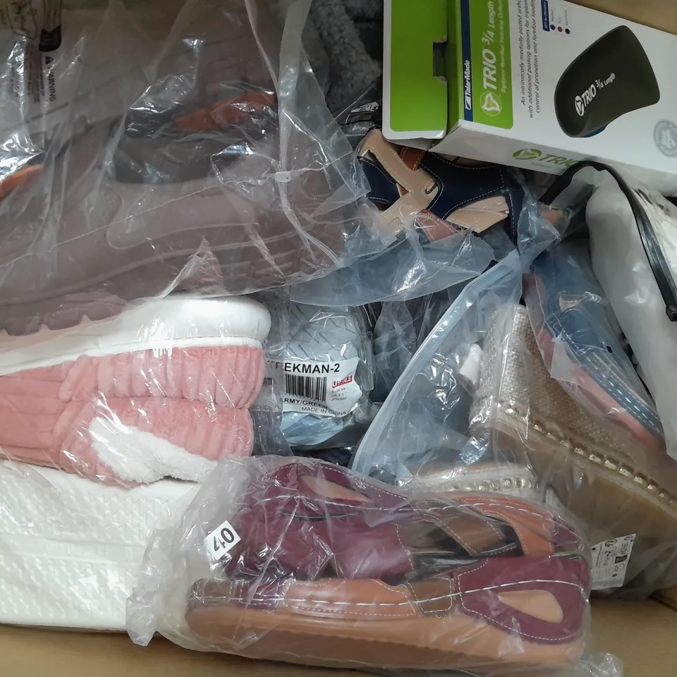 BOX OF APPROXIMATELY 15 ASSORTED PAIRS OF SHOES AND FOOTWEAR ITEMS IN VARIOUS STYLES AND SIZES TO INCLUDE ASICS, IDEAL SHOES, BIRKENSTOCK, ETC