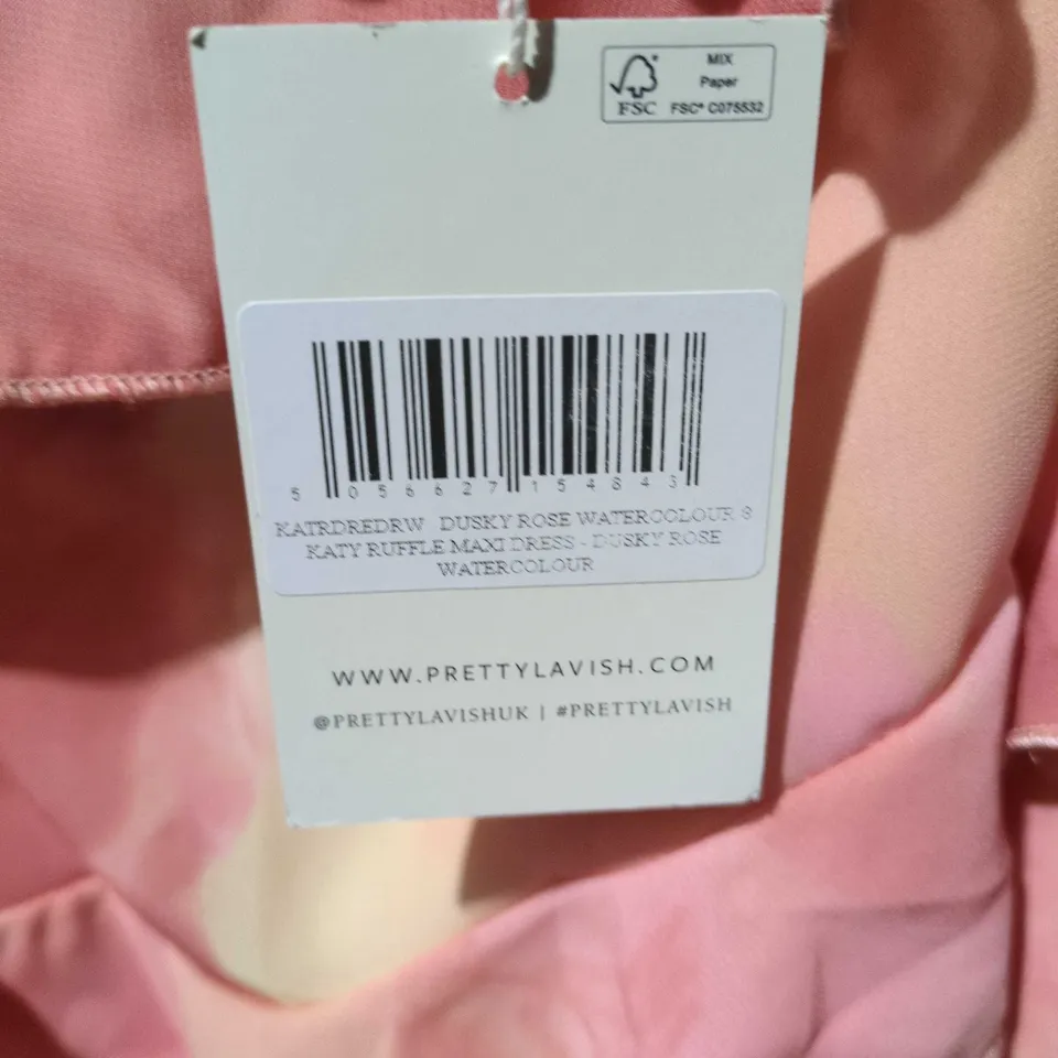 PRETTY LAVISH KATY RUFFLE MAXI DRESS – DUSKY ROSE WATERCOLOUR, UK 8