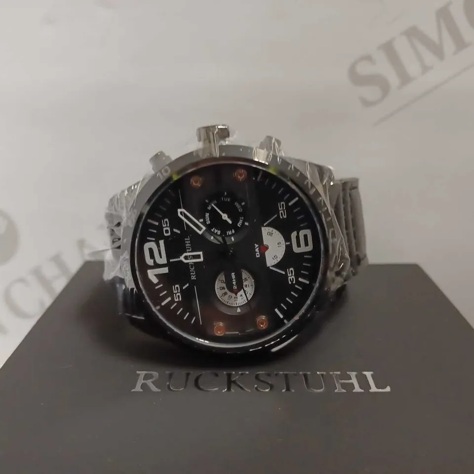 MEN’S RUCKSTUHL COCKPIT R150 WATCH – MULTI FUNCTION SUB DIALS – BLACK CASE – 3ATM WATER RESISTANT – GENUINE LEATHER STRAP