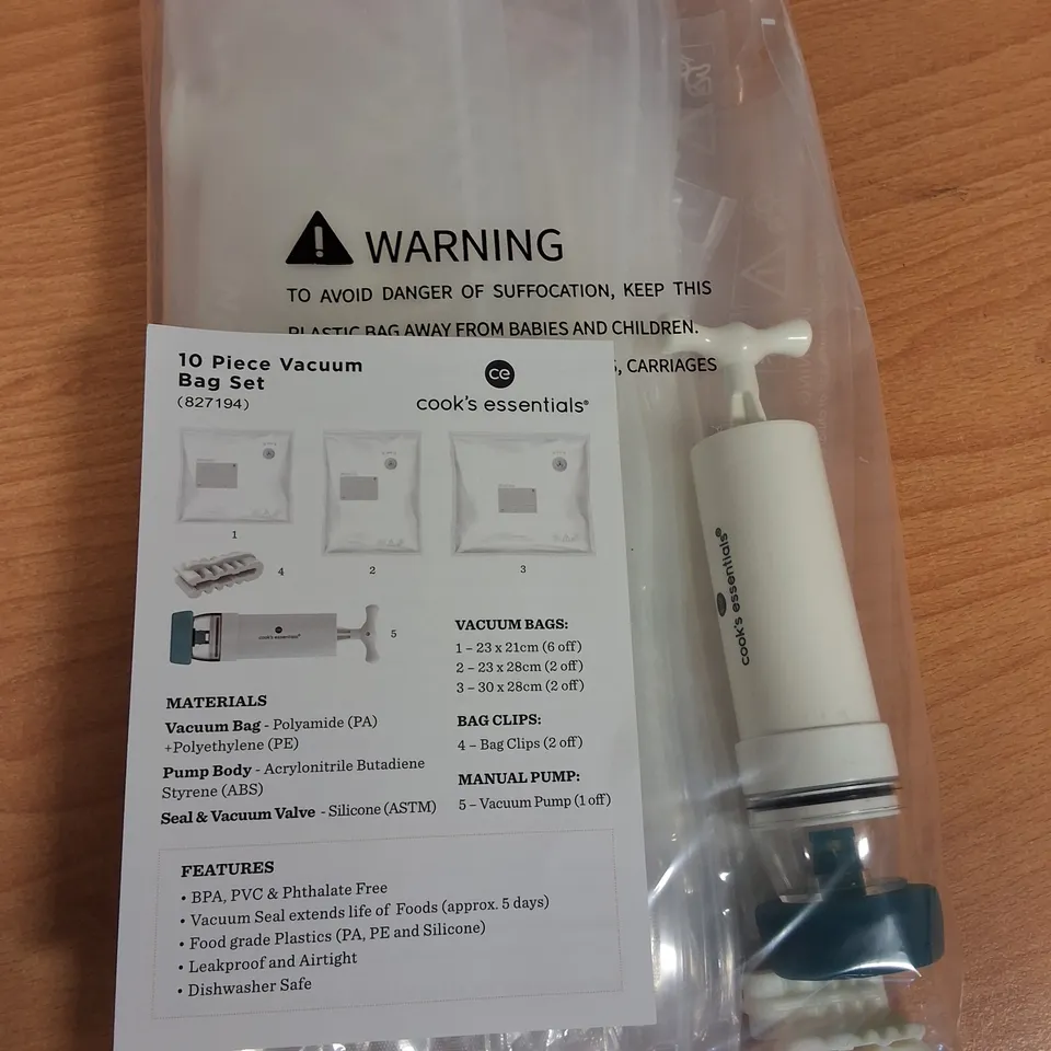 LOT OF 24 10-PIECE BOXES OF COOKS'S ESSENTIALS VACUUM BAG SETS