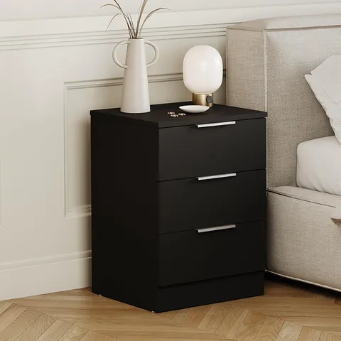 BOXED VIDA DESIGNS TREGA 3 DRAWER BEDSIDE CHEST, BLACK (1 BOX)