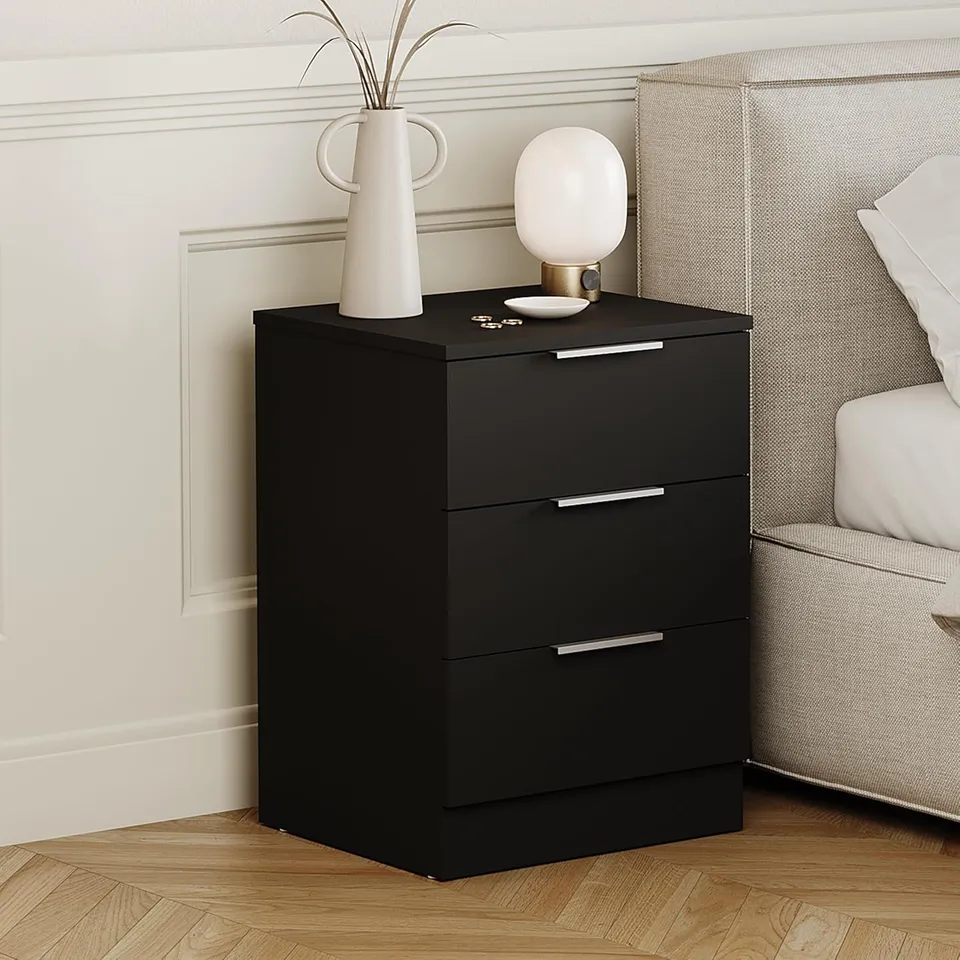 BOXED VIDA DESIGNS TREGA 3 DRAWER BEDSIDE CHEST, BLACK (1 BOX)