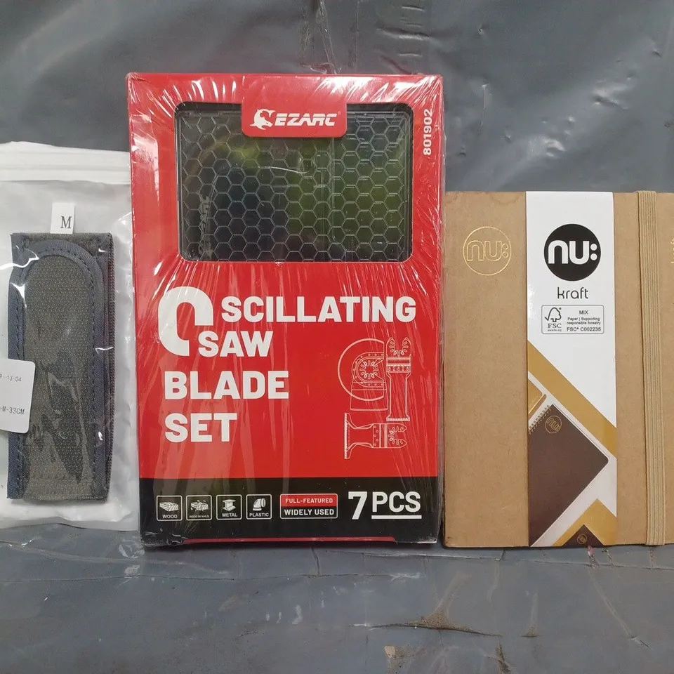 APPROXIMATELY 20 ASSORTED HOUSEHOLD ITEMS TO INCLUDE OSCILLATING SAW BLADE SET, NOTEBOOK, ETC