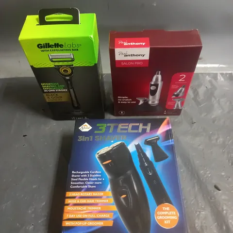 LOT OF 3 ASSORTED ELECTRICAL COSMETIC PRODUCTS TO INCLUDE - GILETTE LABS RAZOR - 3TECH SHAVER - PAUL ANTHONY NOSE EAR & HAIR CLIPPER