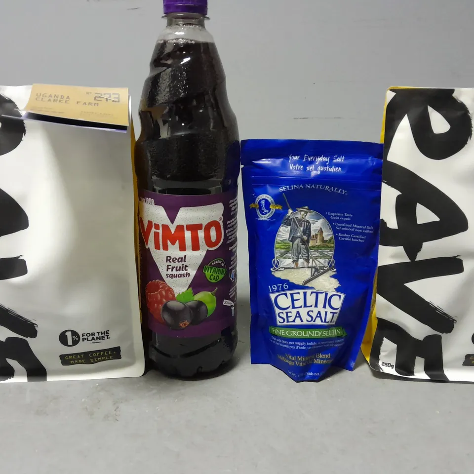 TOTE OF APPROXIMATELY 8 ASSORTED FOOD ITEMS TO INCLUDE - VIMTO , CELTIC SEA SALT , RAVE COSTA RICA HERMOSA HONEY COFFEE ETC