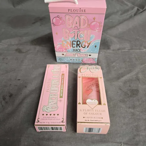 PLOUISE LOT OF 3 ASSORTED ITEMS TO INCLUDE - BUBBLE TROUBLE LIP DUO - BETTER NAKED PENCIL TRIO - PEACH PUFF LIQUID BLUSH