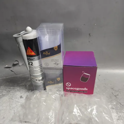 APPROXIMATELY 10 ASSORTED HOUSEHOLD ITEMS TO INCLUDE CLEAR SQUARE MINI APPETIZER, SIKAFLEX AND SPACEGOODS