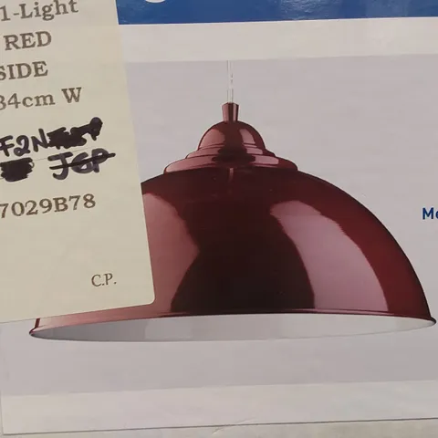 BOXED SEARCHLIGHT SANFORD 1-LIGHT INVERTED PENDANT RED WITH WHITE INSIDE FIXTURE 20CM H X 34CM W X 34CM