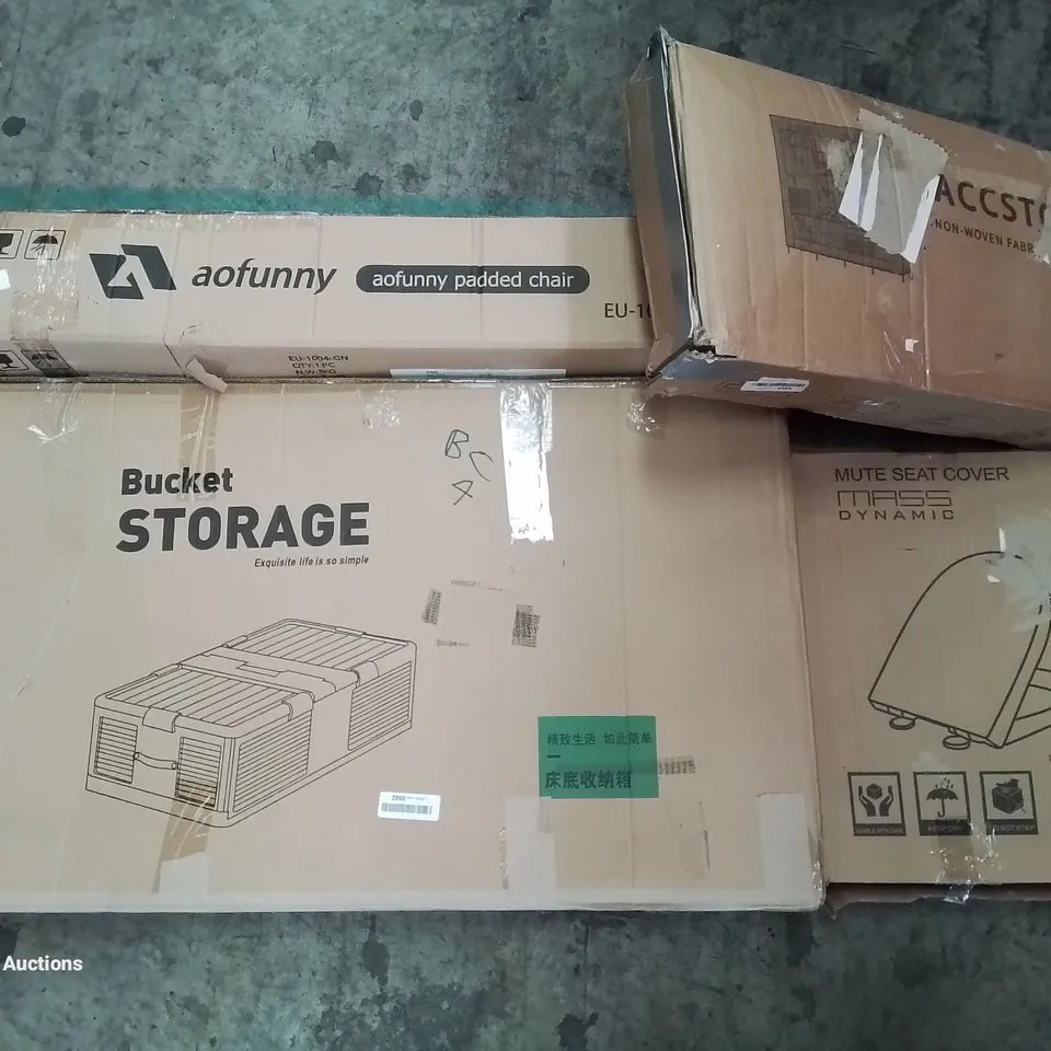 PALLET OF ASSORTED ITEMS INCLUDING BUCKET STORAGE, NON-WOVEN FABRIC WARDROBE, TOILET SEAT, AOFUNNY PADDED CHAIR, ROUND OTTOMAN STORAGE