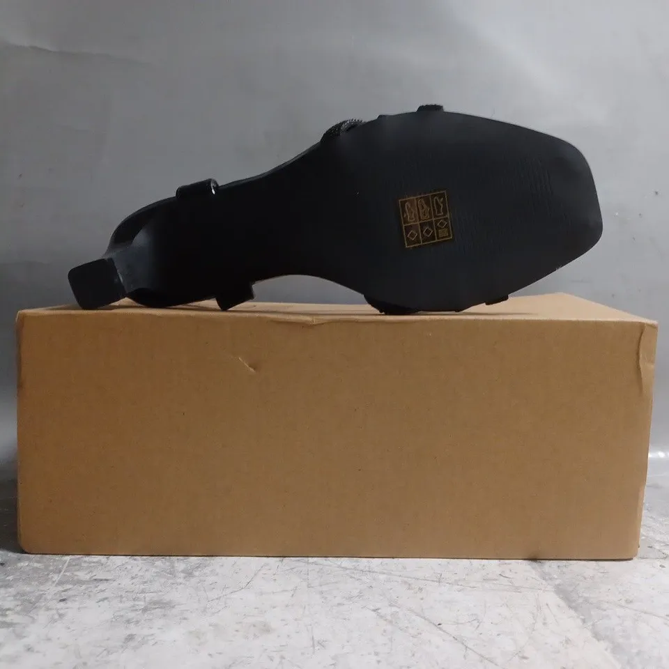 BOXED PAIR OF WHERE'S THAT FROM OPEN TOE HEELED SANDALS IN BLACK SIZE UK 5