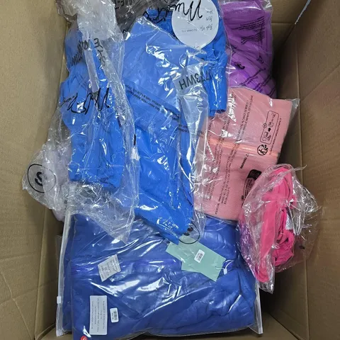 LARGE BOX OF ASSORTED CLOTHING ITEMS IN VARIOUS COLORS , SIZES AND STYLES