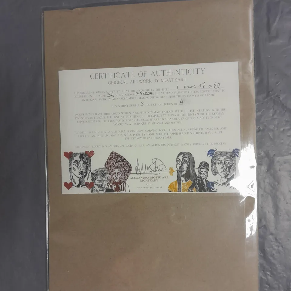 "I HAVE IT ALL" LINOLEUM BLOCK PRINT IN CRIMSON RED BY ALEXANDRA MOTIU APPROX 17.5CMX25CM