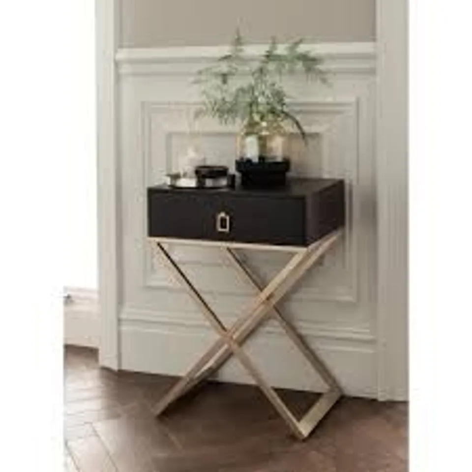 BRAND NEW HOMESDIRECT365 BLACK BEDSIDE TABLE WITH METAL CROSS LEGS