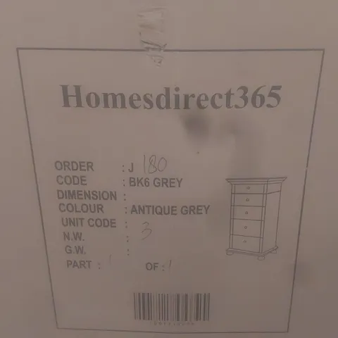 BOXED HOMES DIRECT 365 BAKERSFIELD TALLBOY CHEST - ANTIQUE GREY